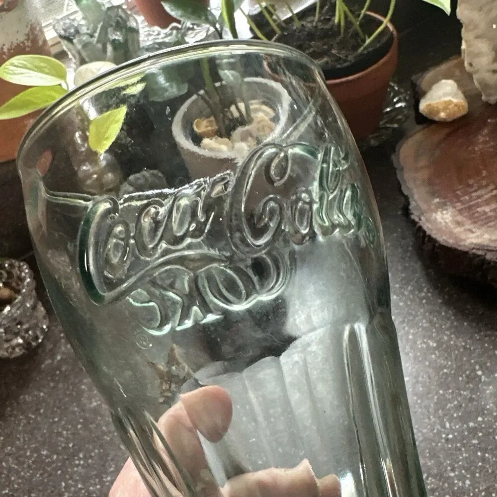 Coca Cola Contour Drinking Glasses Set of 3 Green Embossed Logo 7” Tall Large